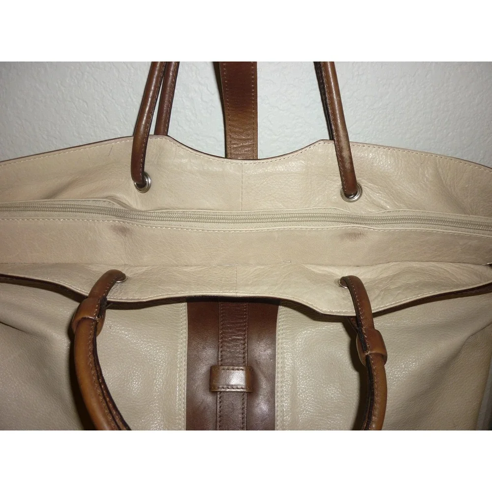 Marco Buggiani Chic‎ Tote Bag Women Beige Brown Leather Top Handle Shoulder Bag